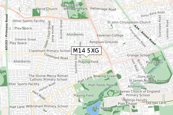 M14 5XG map - small scale - OS Open Zoomstack (Ordnance Survey)