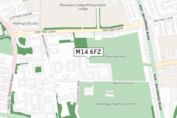 M14 6FZ map - large scale - OS Open Zoomstack (Ordnance Survey)