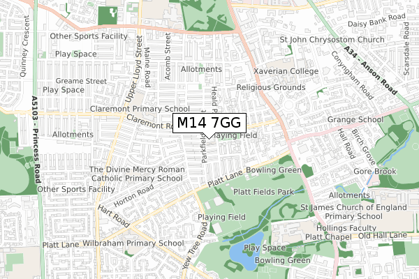 M14 7GG map - small scale - OS Open Zoomstack (Ordnance Survey)