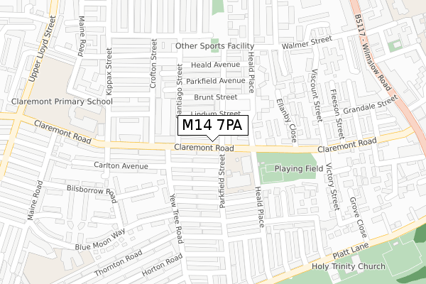 M14 7PA map - large scale - OS Open Zoomstack (Ordnance Survey)