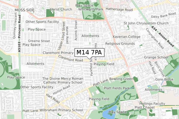 M14 7PA map - small scale - OS Open Zoomstack (Ordnance Survey)