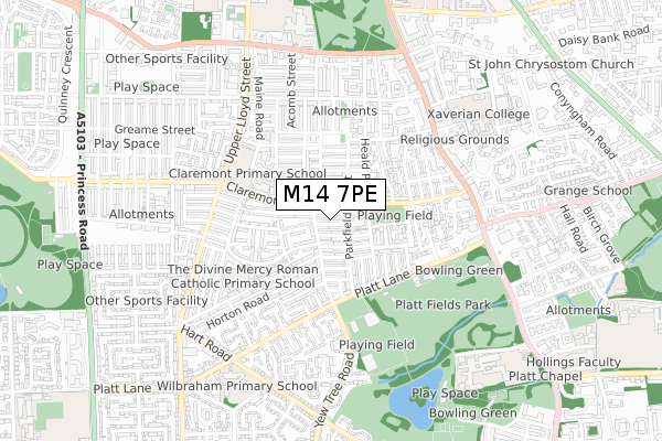 M14 7PE map - small scale - OS Open Zoomstack (Ordnance Survey)