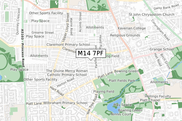 M14 7PF map - small scale - OS Open Zoomstack (Ordnance Survey)