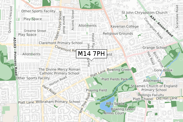 M14 7PH map - small scale - OS Open Zoomstack (Ordnance Survey)