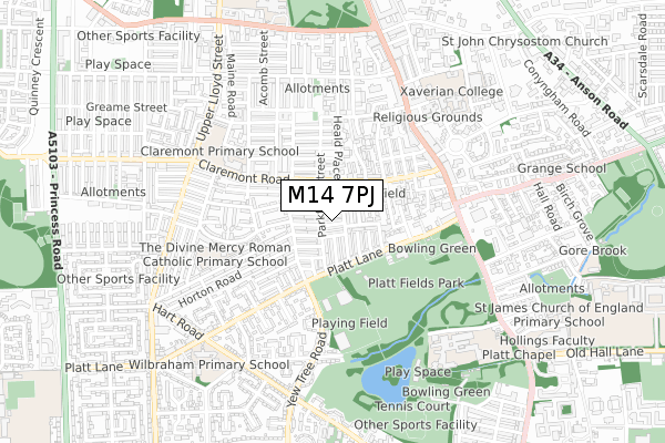 M14 7PJ map - small scale - OS Open Zoomstack (Ordnance Survey)