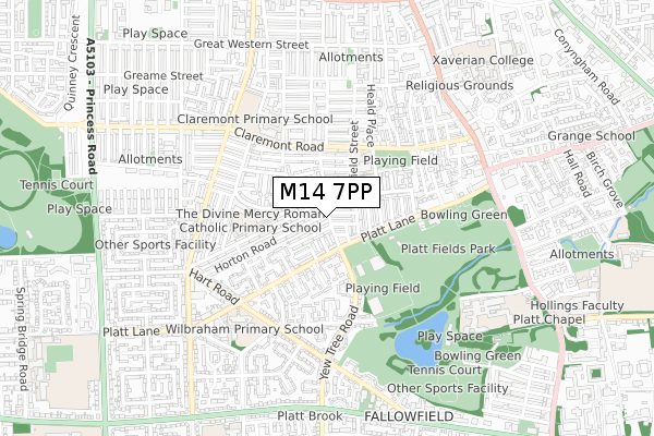 M14 7PP map - small scale - OS Open Zoomstack (Ordnance Survey)