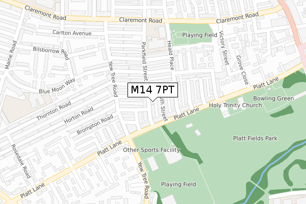 M14 7PT map - large scale - OS Open Zoomstack (Ordnance Survey)