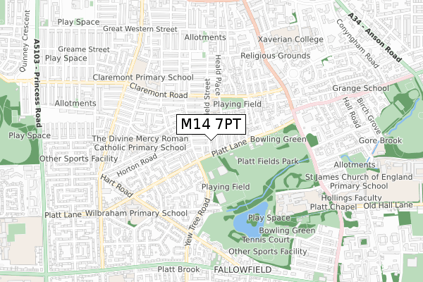 M14 7PT map - small scale - OS Open Zoomstack (Ordnance Survey)