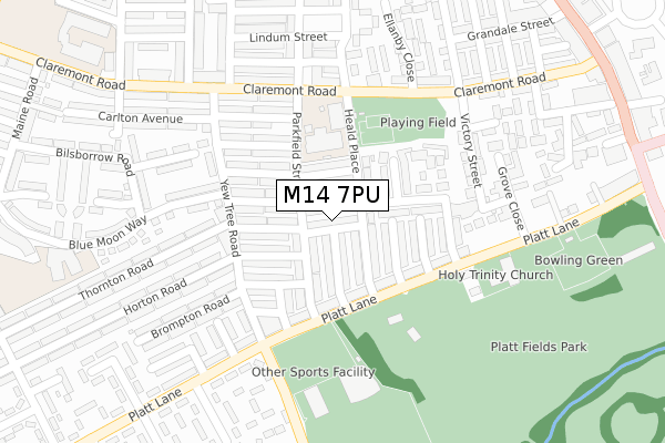 M14 7PU map - large scale - OS Open Zoomstack (Ordnance Survey)