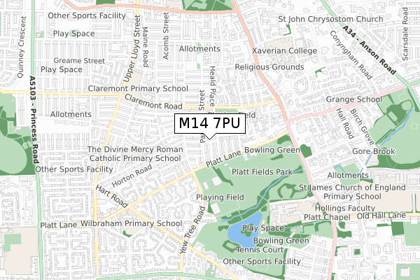 M14 7PU map - small scale - OS Open Zoomstack (Ordnance Survey)