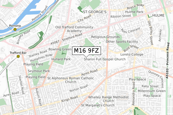 M16 9FZ map - small scale - OS Open Zoomstack (Ordnance Survey)