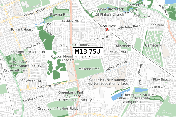 M18 7SU map - small scale - OS Open Zoomstack (Ordnance Survey)