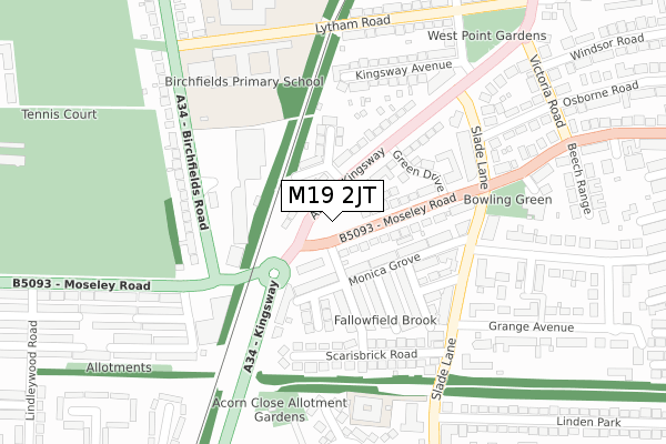 M19 2JT map - large scale - OS Open Zoomstack (Ordnance Survey)