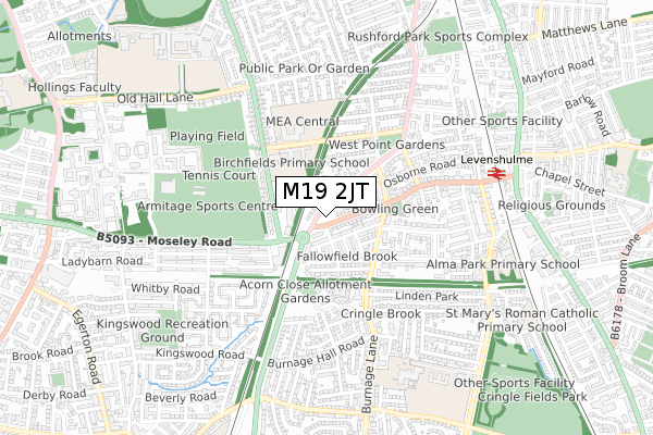 M19 2JT map - small scale - OS Open Zoomstack (Ordnance Survey)