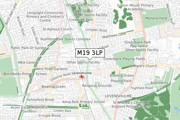 M19 3LP map - small scale - OS Open Zoomstack (Ordnance Survey)