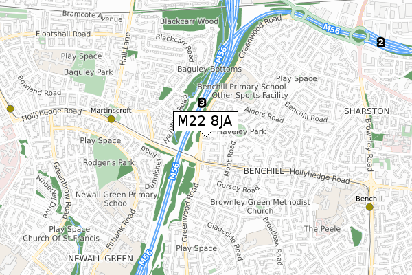 M22 8JA map - small scale - OS Open Zoomstack (Ordnance Survey)