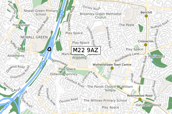 M22 9AZ map - small scale - OS Open Zoomstack (Ordnance Survey)