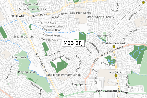 M23 9FJ map - small scale - OS Open Zoomstack (Ordnance Survey)