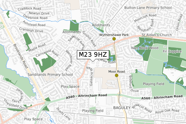 M23 9HZ map - small scale - OS Open Zoomstack (Ordnance Survey)