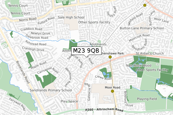 M23 9QB map - small scale - OS Open Zoomstack (Ordnance Survey)