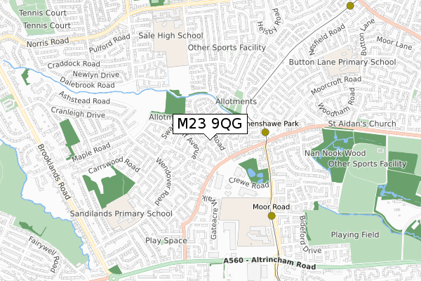 M23 9QG map - small scale - OS Open Zoomstack (Ordnance Survey)