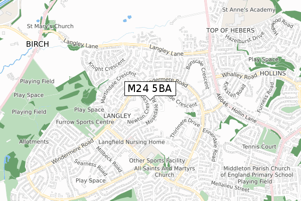 M24 5BA map - small scale - OS Open Zoomstack (Ordnance Survey)