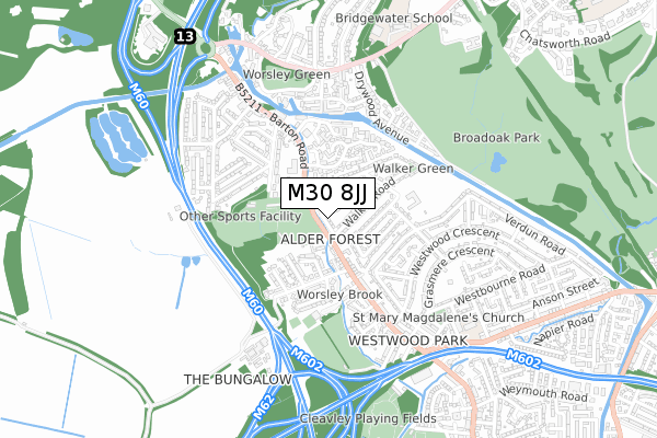 M30 8JJ map - small scale - OS Open Zoomstack (Ordnance Survey)