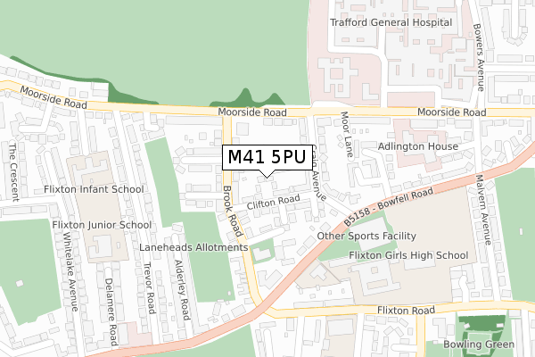 M41 5PU map - large scale - OS Open Zoomstack (Ordnance Survey)