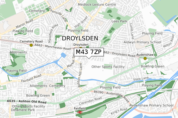 M43 7ZP map - small scale - OS Open Zoomstack (Ordnance Survey)