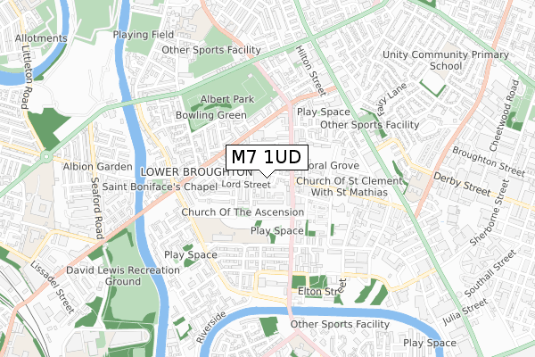 M7 1UD map - small scale - OS Open Zoomstack (Ordnance Survey)