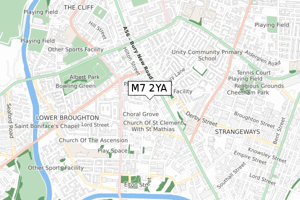 M7 2YA map - small scale - OS Open Zoomstack (Ordnance Survey)