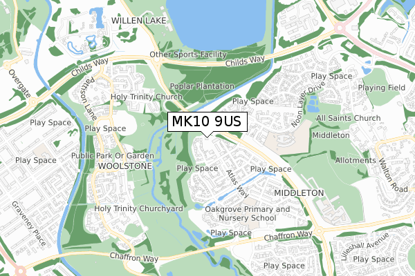 MK10 9US map - small scale - OS Open Zoomstack (Ordnance Survey)