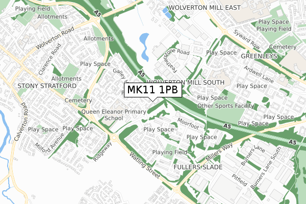 MK11 1PB map - small scale - OS Open Zoomstack (Ordnance Survey)