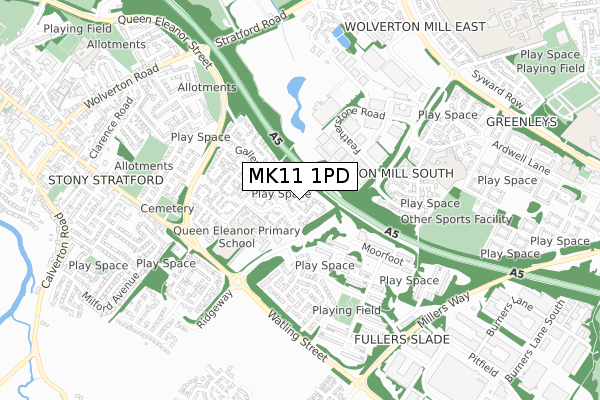 MK11 1PD map - small scale - OS Open Zoomstack (Ordnance Survey)