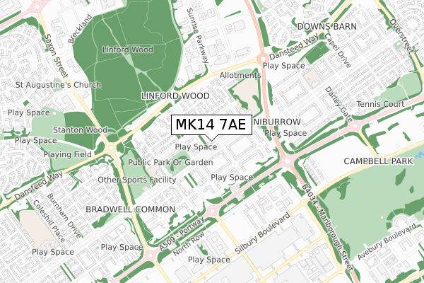 MK14 7AE map - small scale - OS Open Zoomstack (Ordnance Survey)