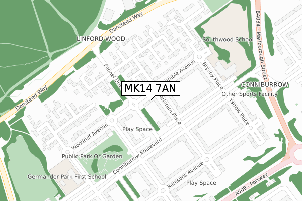 MK14 7AN map - large scale - OS Open Zoomstack (Ordnance Survey)