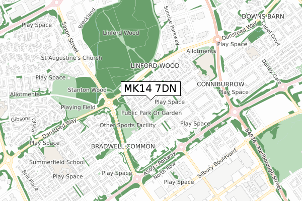 MK14 7DN map - small scale - OS Open Zoomstack (Ordnance Survey)