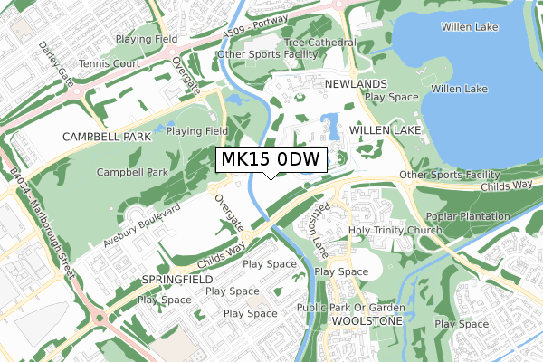 MK15 0DW map - small scale - OS Open Zoomstack (Ordnance Survey)