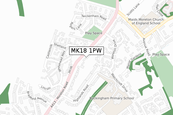 MK18 1PW map - large scale - OS Open Zoomstack (Ordnance Survey)