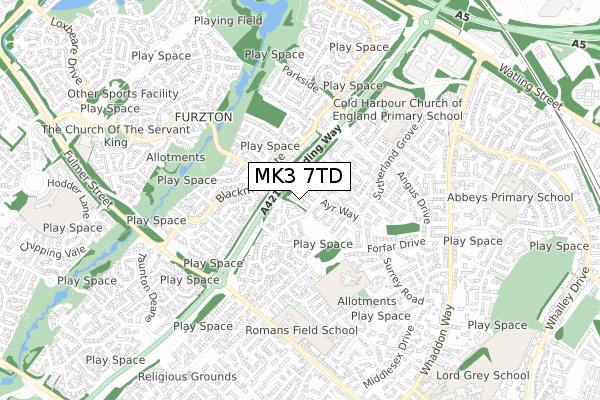 MK3 7TD map - small scale - OS Open Zoomstack (Ordnance Survey)