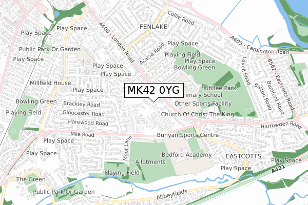 MK42 0YG map - small scale - OS Open Zoomstack (Ordnance Survey)