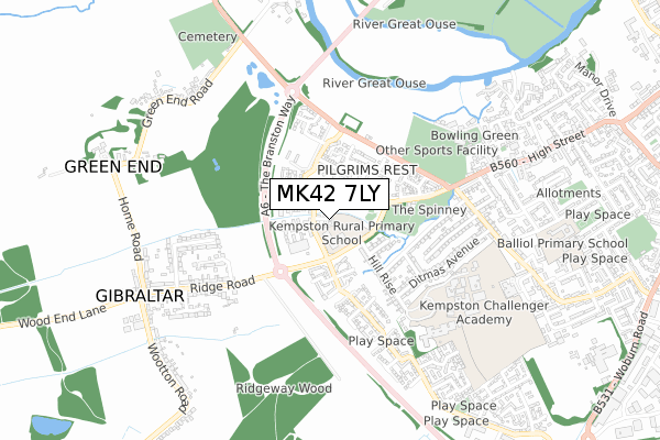 MK42 7LY map - small scale - OS Open Zoomstack (Ordnance Survey)