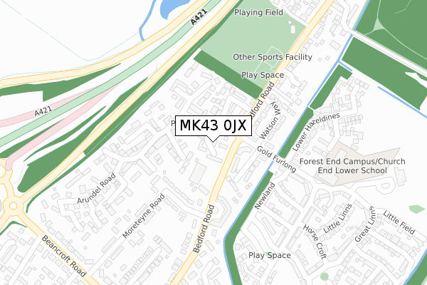 MK43 0JX map - large scale - OS Open Zoomstack (Ordnance Survey)