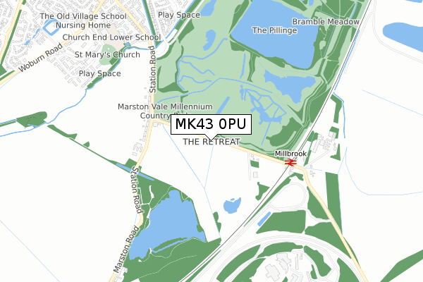 MK43 0PU map - small scale - OS Open Zoomstack (Ordnance Survey)