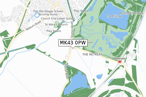 MK43 0PW map - small scale - OS Open Zoomstack (Ordnance Survey)