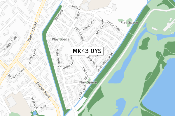 MK43 0YS map - large scale - OS Open Zoomstack (Ordnance Survey)