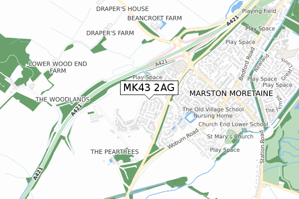 MK43 2AG map - small scale - OS Open Zoomstack (Ordnance Survey)