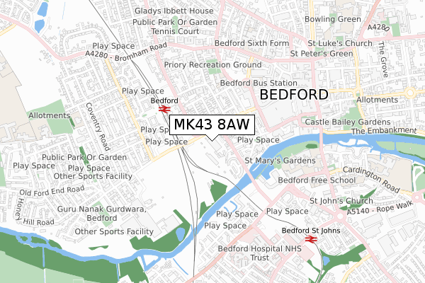 MK43 8AW map - small scale - OS Open Zoomstack (Ordnance Survey)