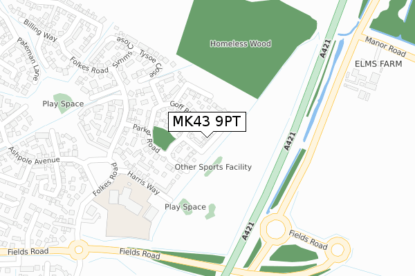 MK43 9PT map - large scale - OS Open Zoomstack (Ordnance Survey)