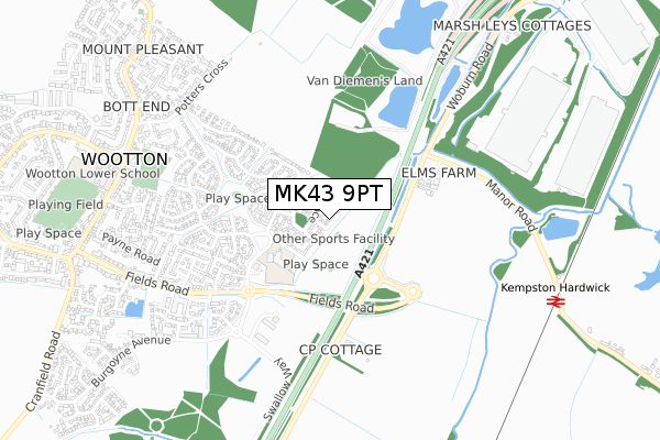 MK43 9PT map - small scale - OS Open Zoomstack (Ordnance Survey)